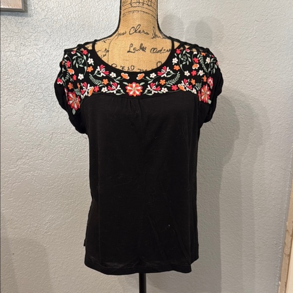 Tempted Hearts Black Top with Cap Sleeves and Embellished Floral Design
